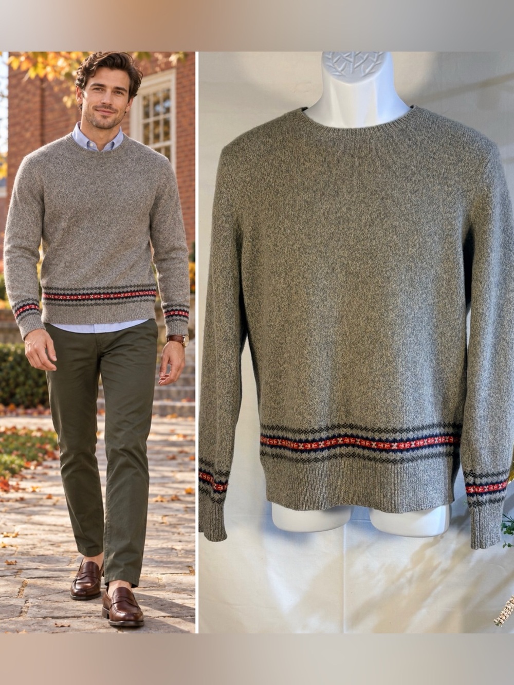 ☀️Brooks Brothers Merino Wool Fair Isle Border
Crewneck Sweater Brown Sz M🧡